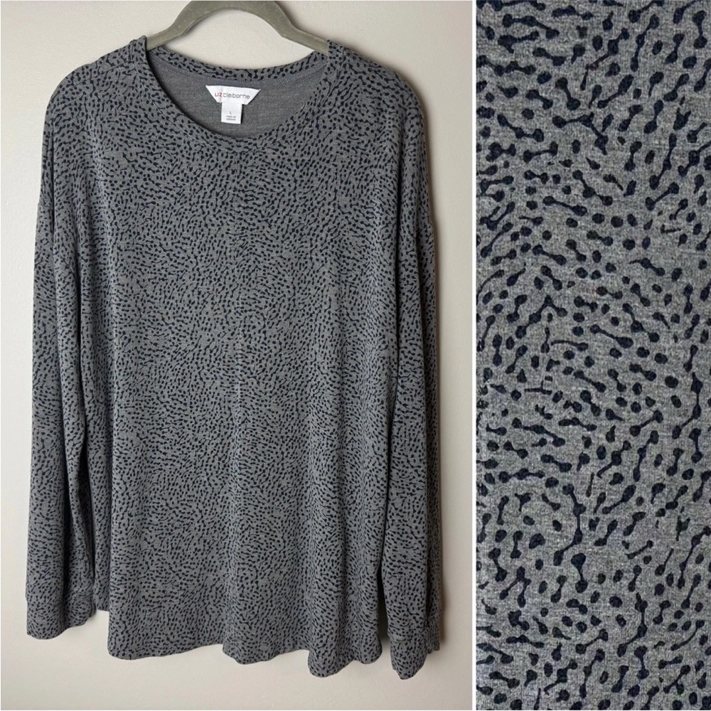 Liz Claiborne Top Size Large Long Sleeves Stretch Gray Navy Blue Casual Travel